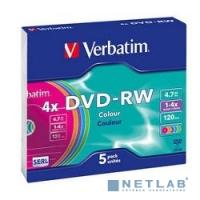 [Диск] Verbatim  Диск DVD-RW 4x, Colour, Slim, 5шт,(43563)