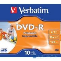 [Диск] Verbatim  Диски DVD-R Verbatim 16-x, 4.7 Gb, Printable (Jewel Case, 10шт.) ( 43521)