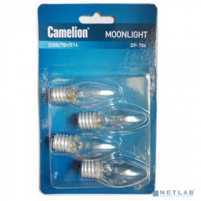 [лампы накаливания] Camelion DP-704 (Эл.лампа накаливания для ночников, прозрачная, 220V, 7W, Е14)  уп. 4 шт