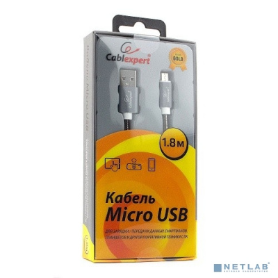 [Кабель] Cablexpert Кабель USB 2.0 CC-G-mUSB02Gy-1.8M AM/microB, серия Gold, длина 1.8м, титан, блистер