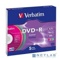 [Диск] Verbatim  Диски  DVD+R 16х, 4.7Gb, Colour (Slim Case, 5шт.) (43556)
